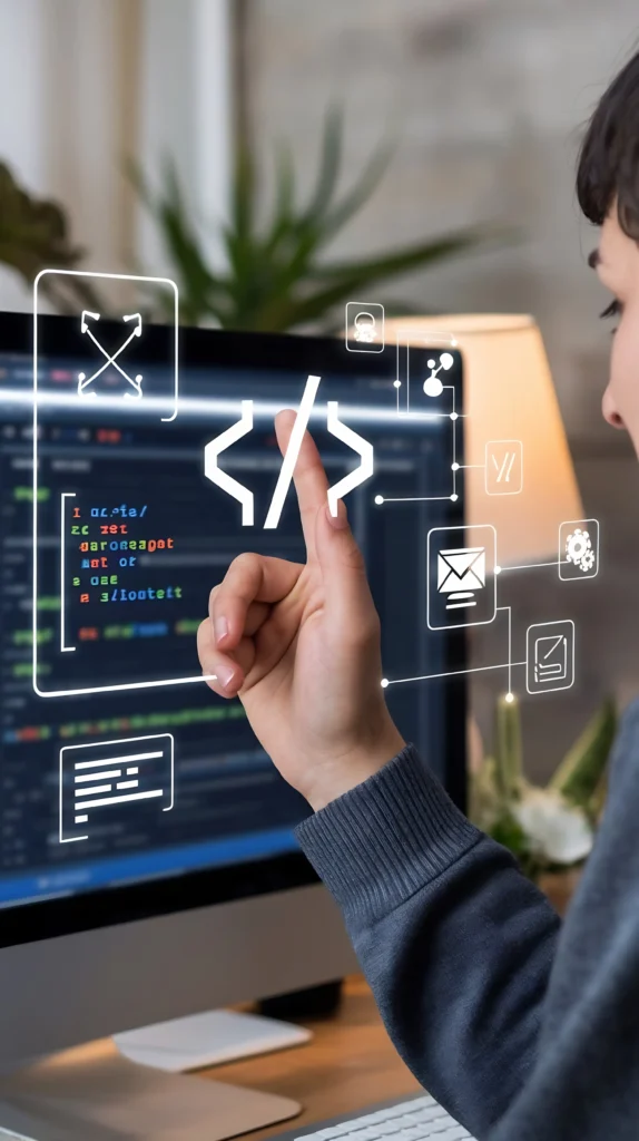 coding concept with software developer touching code symbol icons